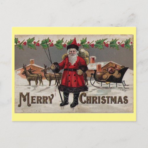 Vintage Retro Santa Christmas and Reindeer Sleigh Holiday Postcard