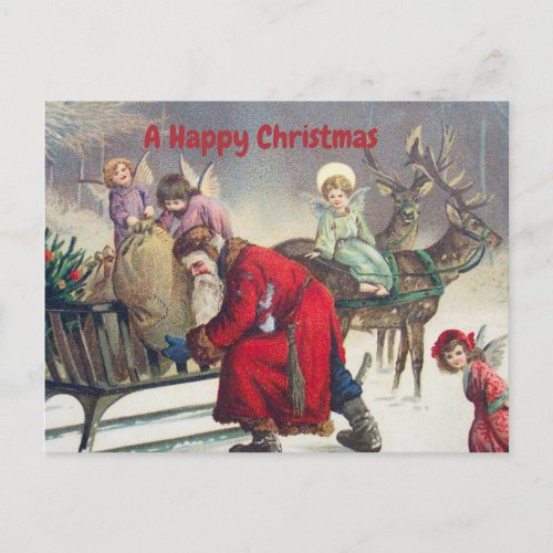 Vintage Retro Santa Claus and Christmas Angels  Holiday Postcard
