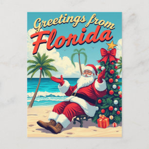 Vintage Retro Santa Claus at the Beach - Florida Holiday Postcard
