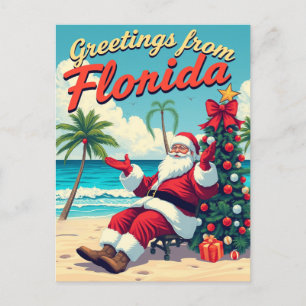 Vintage Retro Santa Claus at the Beach - Florida Postcard