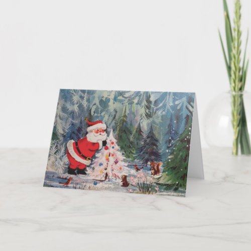 Vintage Retro Santa Claus Forest Animals Christmas Holiday Card