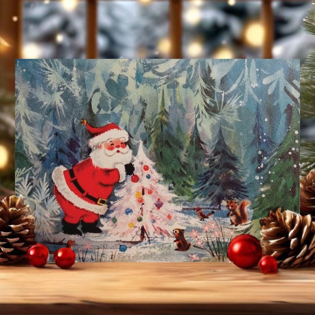 Vintage Retro Santa Claus Forest Animals Christmas Holiday Card (Creator Uploaded)