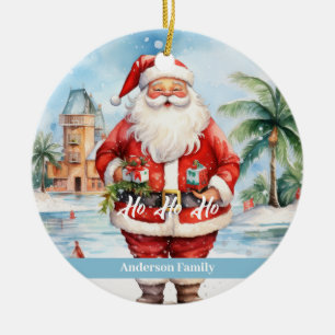 Vintage retro Santa Claus Hawaii Watercolor Ceramic Ornament