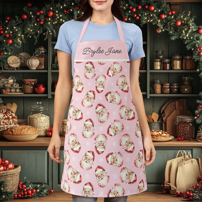 Vintage Retro Santa Claus Pink Personalized Apron (Creator Uploaded)