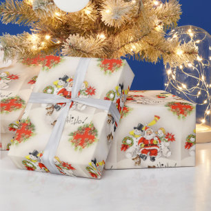 Vintage Retro Santa Claus Two Snowmen Cute Puppy Wrapping Paper