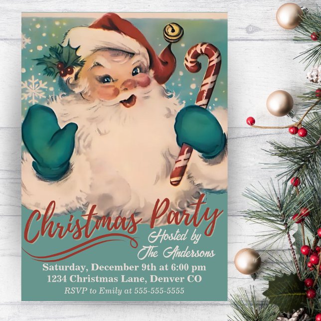 Vintage Retro Santa Custom Christmas Party Invitation (Vintage Retro Santa Custom Christmas Party Invitation)