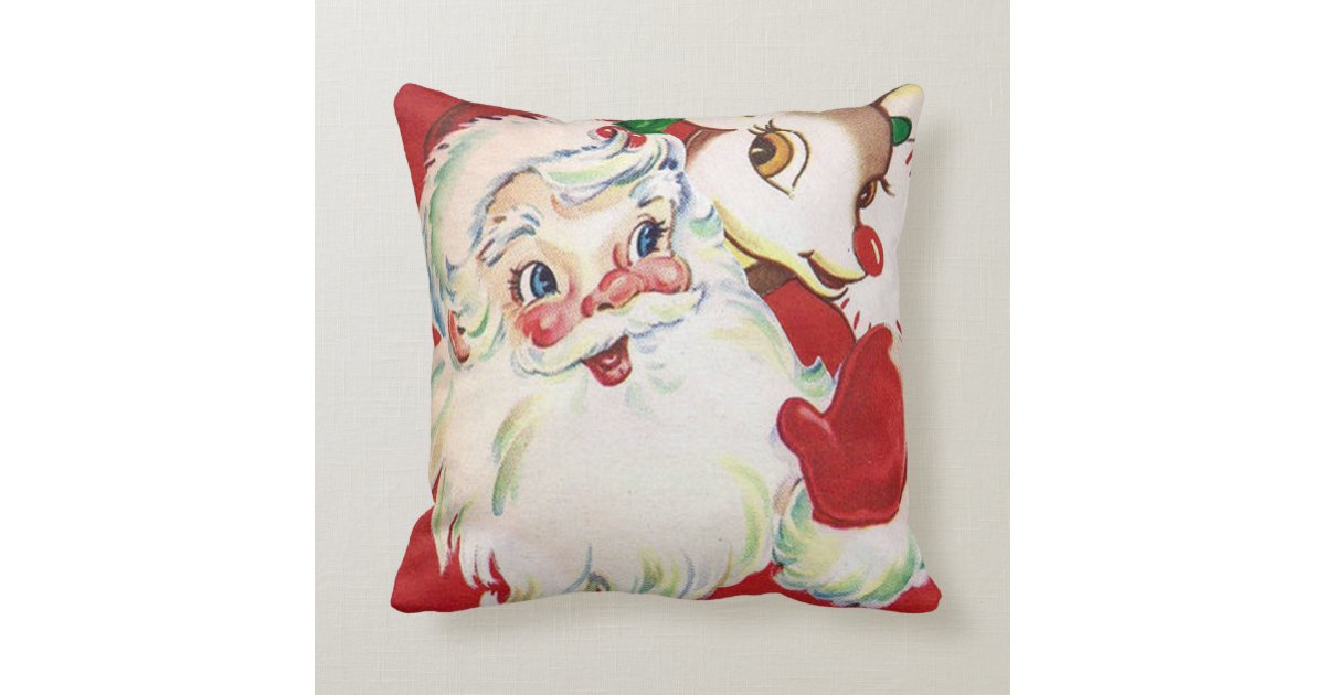 Vintage Retro Santa Deer Christmas Decor Pillow Zazzle Com