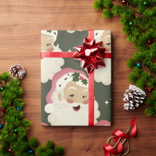 Vintage Retro Santa Face Sparkle Aesthetic Green Wrapping Paper