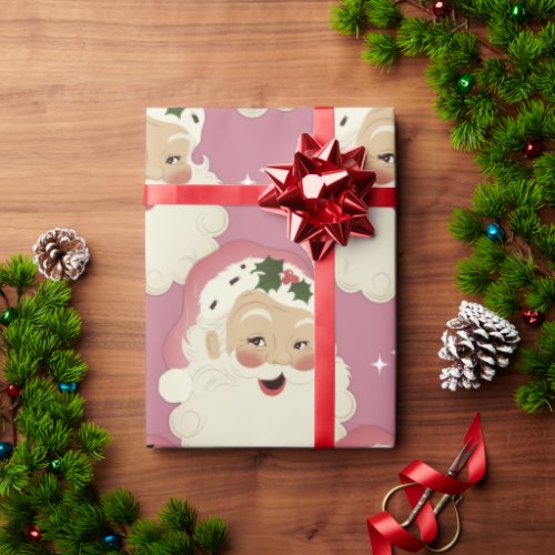 Vintage Retro Santa Face Sparkle Aesthetic Pink  Wrapping Paper