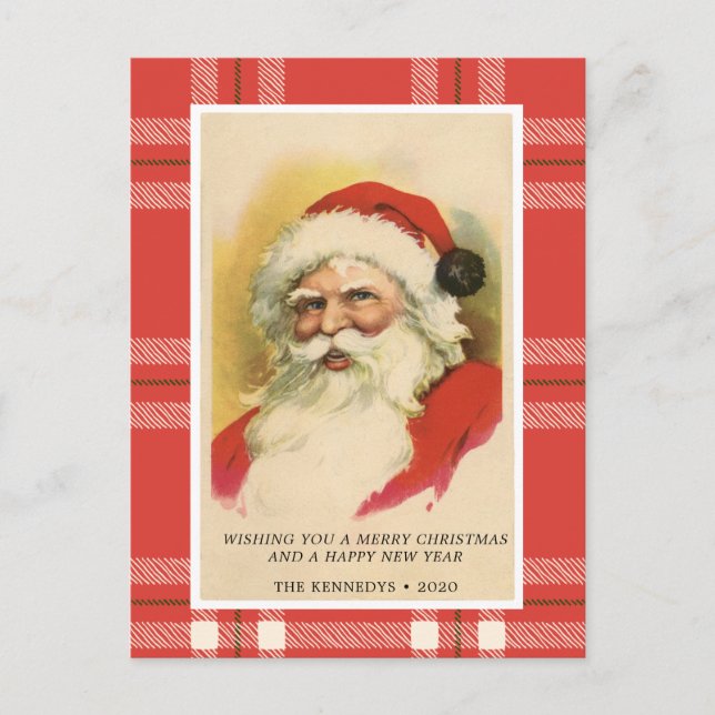 Vintage Retro Santa | Red Plaid Christmas Card  (Front)