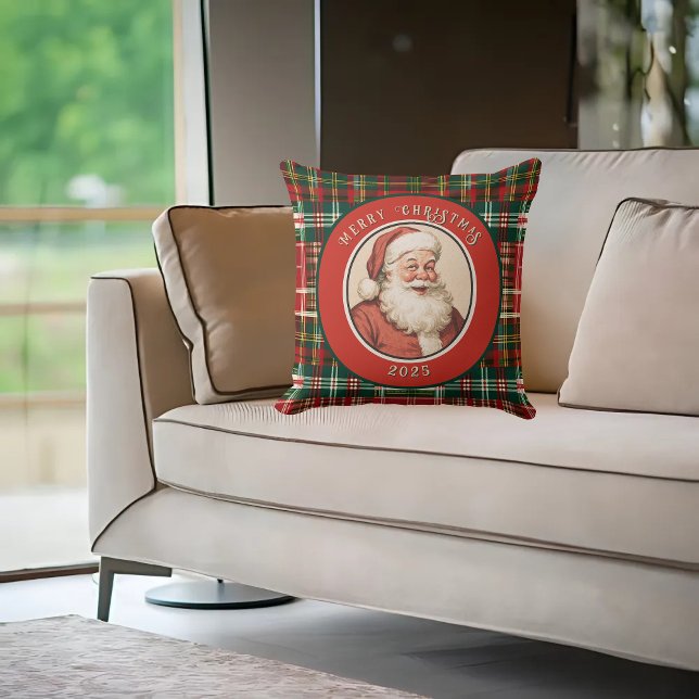 Vintage Retro Santa Rustic Plaid Throw Pillow (Creator Uploaded)