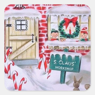 Vintage Retro Santa Workshop Christmas Holiday Square Sticker