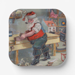 Vintage Retro Santa's Christmas Toy Workshop Paper Plates