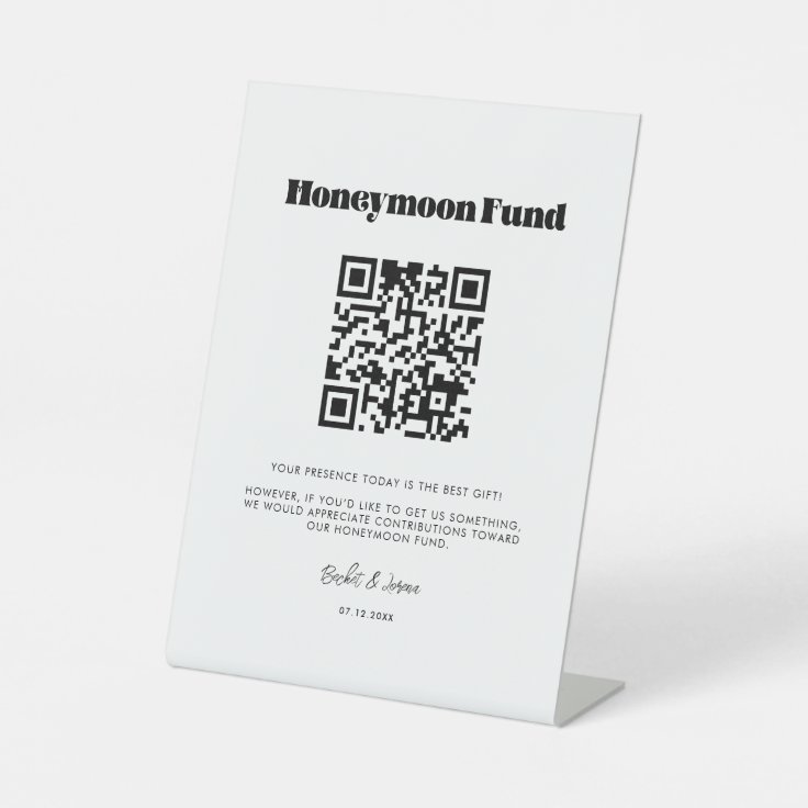 Vintage retro script Honeymoon fund QR code Pedestal Sign | Zazzle