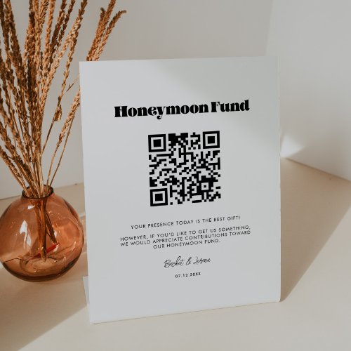 Vintage retro script Honeymoon fund QR code Pedestal Sign
