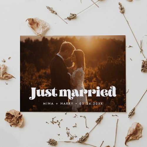 Vintage retro script Just married photo card