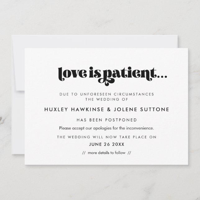 Vintage retro script Love is patient wedding card (Front)