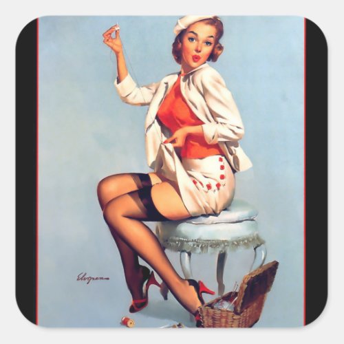 Vintage Retro Sewing Pin UP Girl Square Sticker