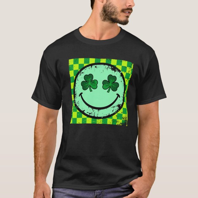 Vintage Retro Shamrock Smiley Face Graphic T-Shirt (Front)
