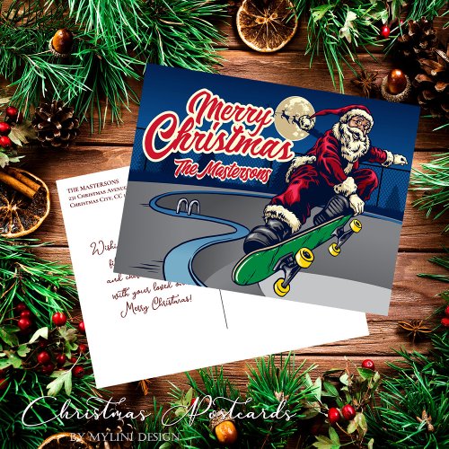 Vintage Retro Skate Santa Christmas Greetings Holiday Postcard