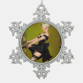 Vintage Retro Slot Machine Casino Win Pinup Girl Snowflake Pewter Christmas Ornament