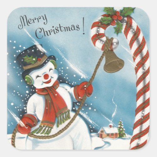 Vintage Retro Smiling Merry Christmas Snowman Square Sticker