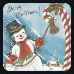 Vintage Retro Smiling Merry Christmas Snowman Square Sticker<br><div class="desc">This fun design is a vintage snowman smiling as he is ringing in the Christmas season with his vintage bell wrapped around a candy cane.</div>