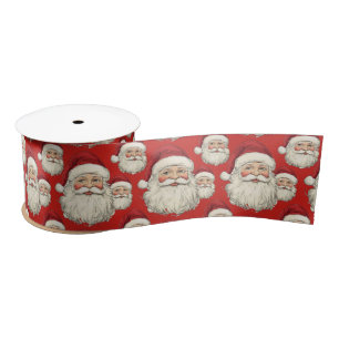 Vintage Retro Smiling Santa Face Red Satin Ribbon