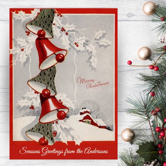Vintage Retro Snowcapped Christmas Bells Custom Holiday Card (Vintage Retro Snowcapped Christmas Bells Custom Holiday Card)