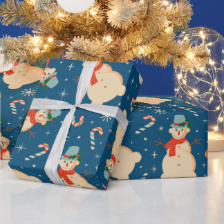 Vintage Retro Snowman and Candy Cane Blue Wrapping Paper