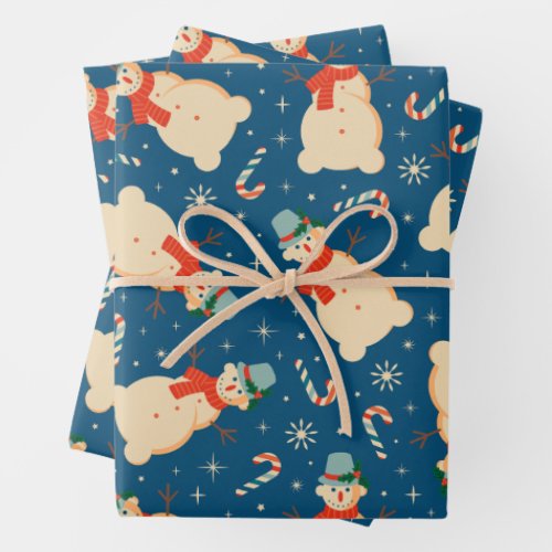 Vintage Retro Snowman and Candy Cane Blue  Wrapping Paper Sheets