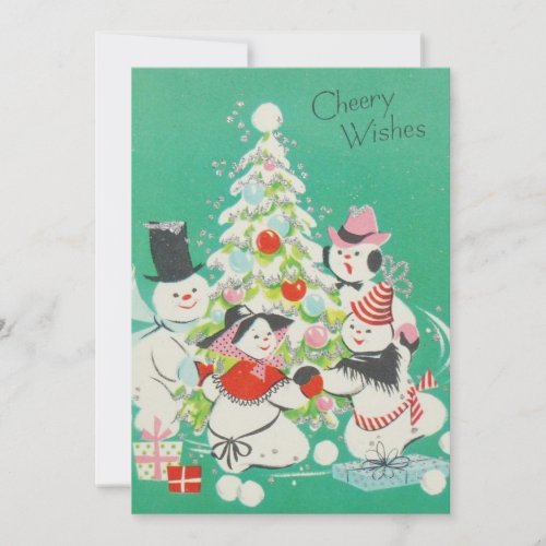 Vintage Retro Snowman Around Christmas Tree Holida Holiday Card