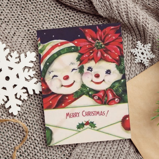 Vintage Retro Snowman Couple Christmas Holiday Card (Creator Uploaded)