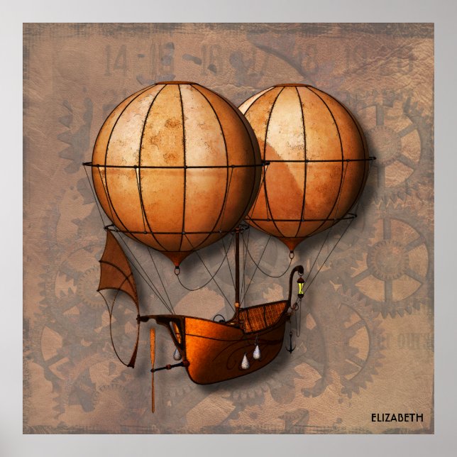 Vintage Retro Steampunk Air Balloon With Ship Poster (Front)