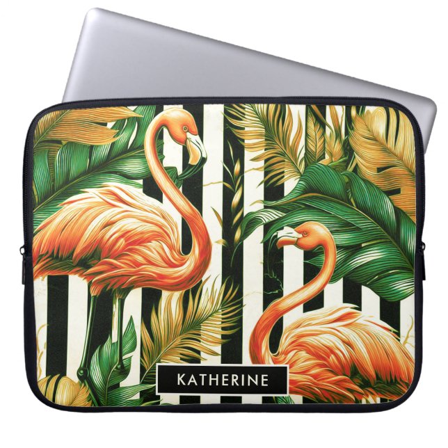 Vintage Retro Stripes Flamingo Laptop Sleeve (Front)