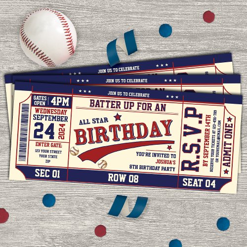 Vintage Retro Style Baseball Ticket Birthday Party Invitation