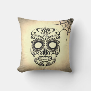 Vintage Retro Style Skull & Crossbones Cobweb Outdoor Pillow
