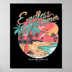 Vintage Retro Style Sunset Palm Tree Wave Surf Boa Poster