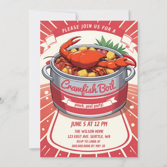 Vintage Retro Summer Seafood Crawfish Boil Party  Invitation (Front)