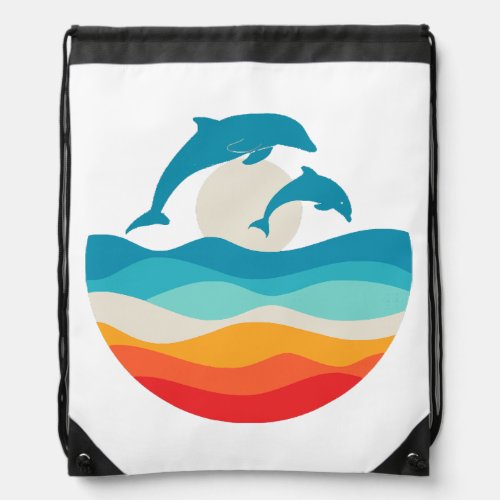 Vintage Retro Summer Time Beach Dolphin  Drawstring Bag