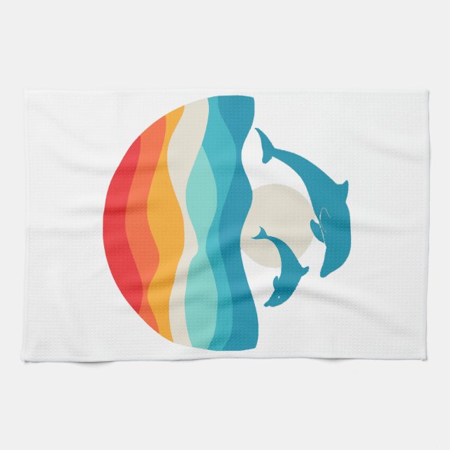 Vintage Retro Summer Time Beach Dolphin  Kitchen Towel (Horizontal)