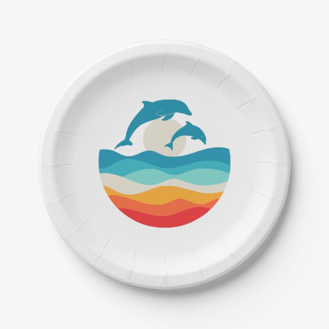 Vintage Retro Summer Time Beach Dolphin  Paper Plates (Front)