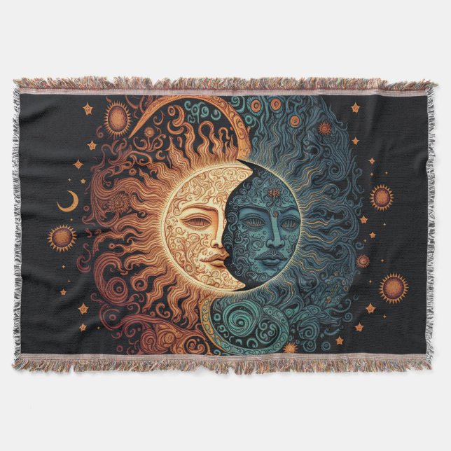Vintage Retro Sun and Moon Throw Blanket (Front)