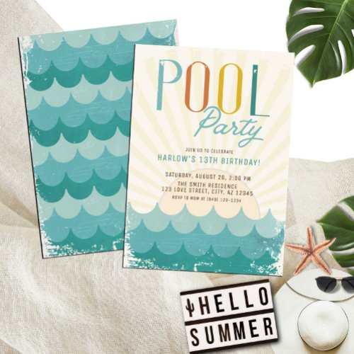 Vintage Retro Sun  Waves Pool Party Birthday Invitation