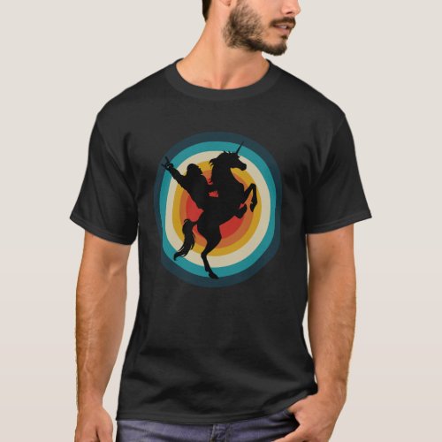 Vintage Retro sunset bigfoot riding unicorn yeti T_Shirt