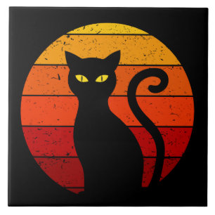 Vintage Retro Sunset Halloween Black Cat I Ceramic Tile