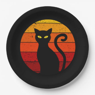 Vintage Retro Sunset Halloween Black Cat I Paper Plates