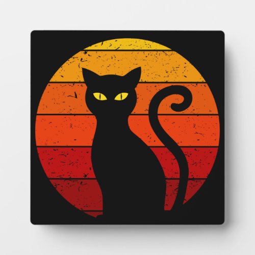 Vintage Retro Sunset Halloween Black Cat I Plaque