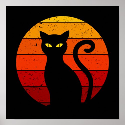 Vintage Retro Sunset Halloween Black Cat I Poster
