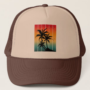 VINTAGE RETRO SUNSET PALM TREES TRUCKER HAT